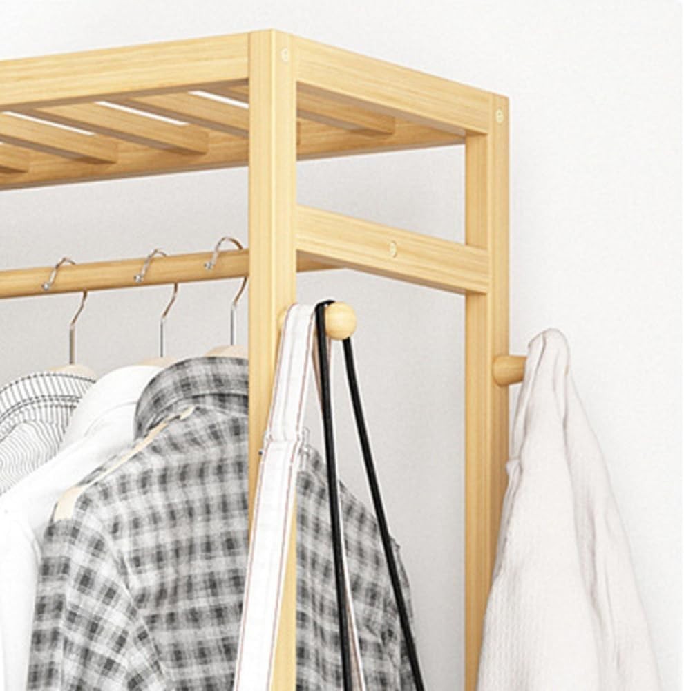 Bamboo Clothes Rack Portable Garment Rail with Wheels & Shoe Storage for Bedroom