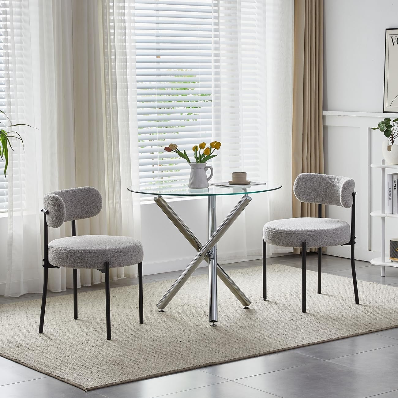 Round Glass Dining Table Set 2 Grey Velvet Chairs Compact Modern Kitchen