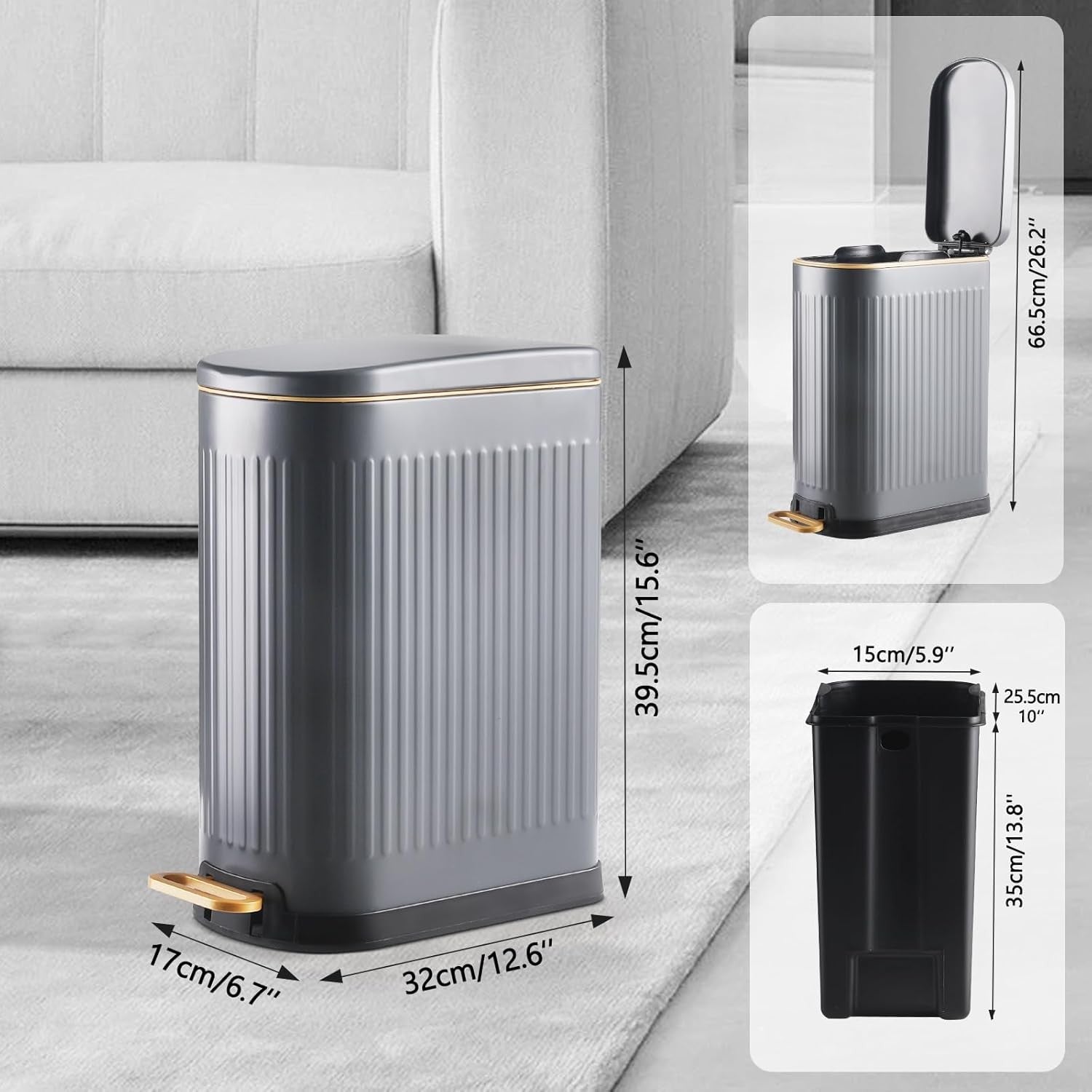 13L Slim Bathroom Pedal Bin Grey Stainless Steel Soft Close
