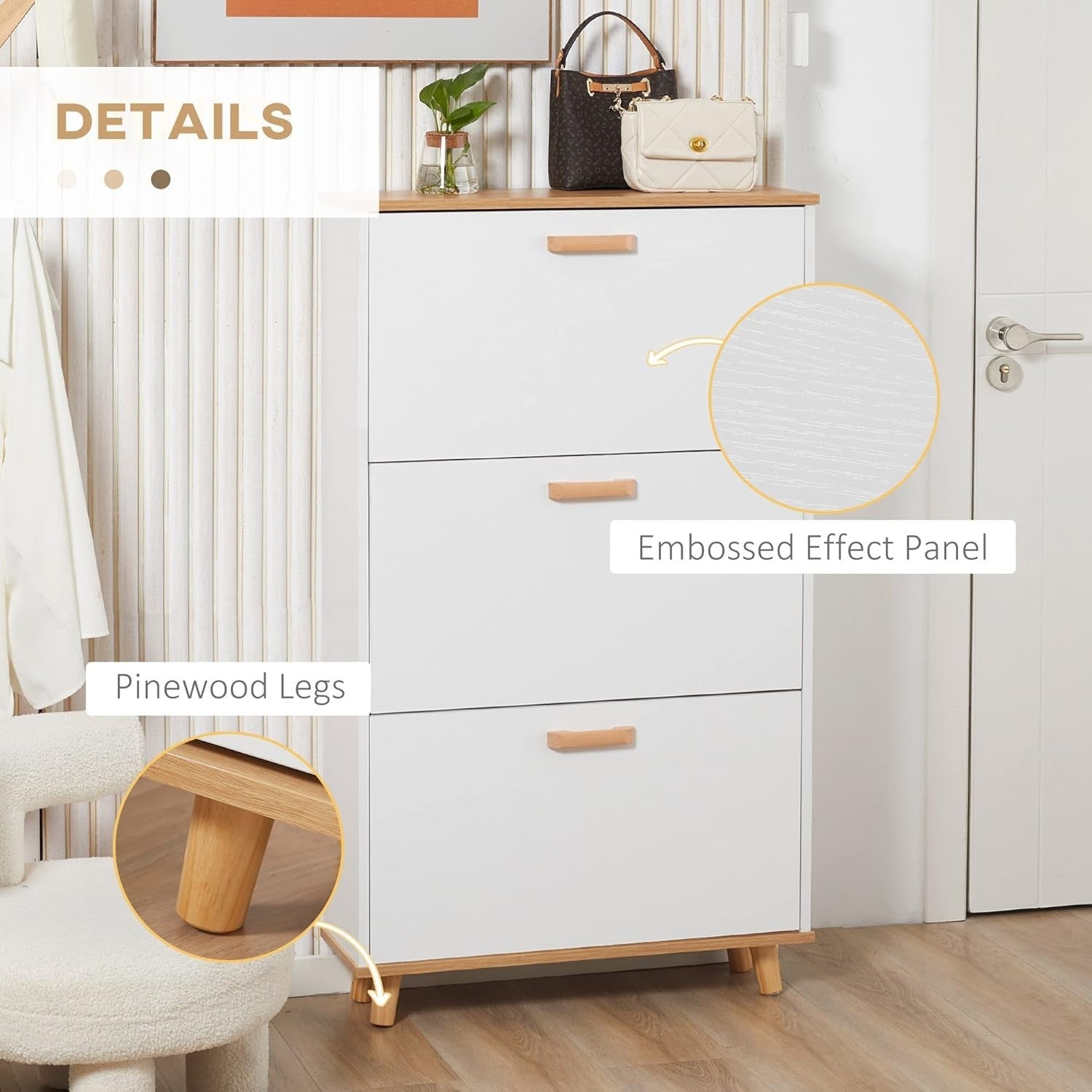 Slim White Shoe Cabinet with 3 Flip Drawers & Adjustable Shelves, 12 Pairs
