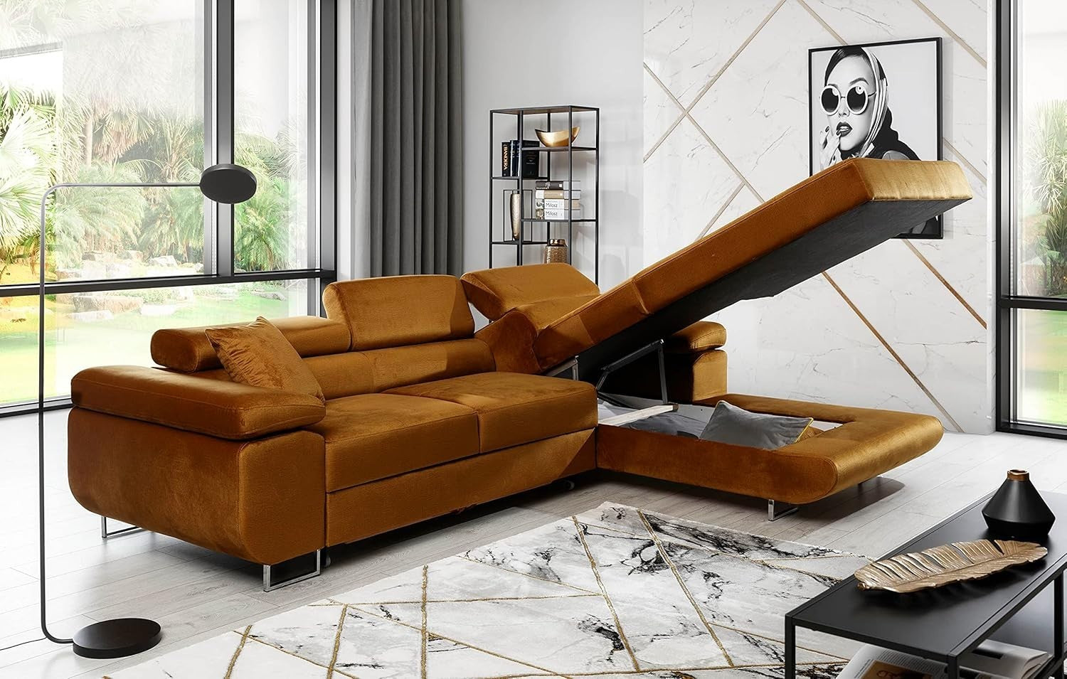 Modern Grey White Corner Sofa Bed Chaise with Cushion Back Padded Arms