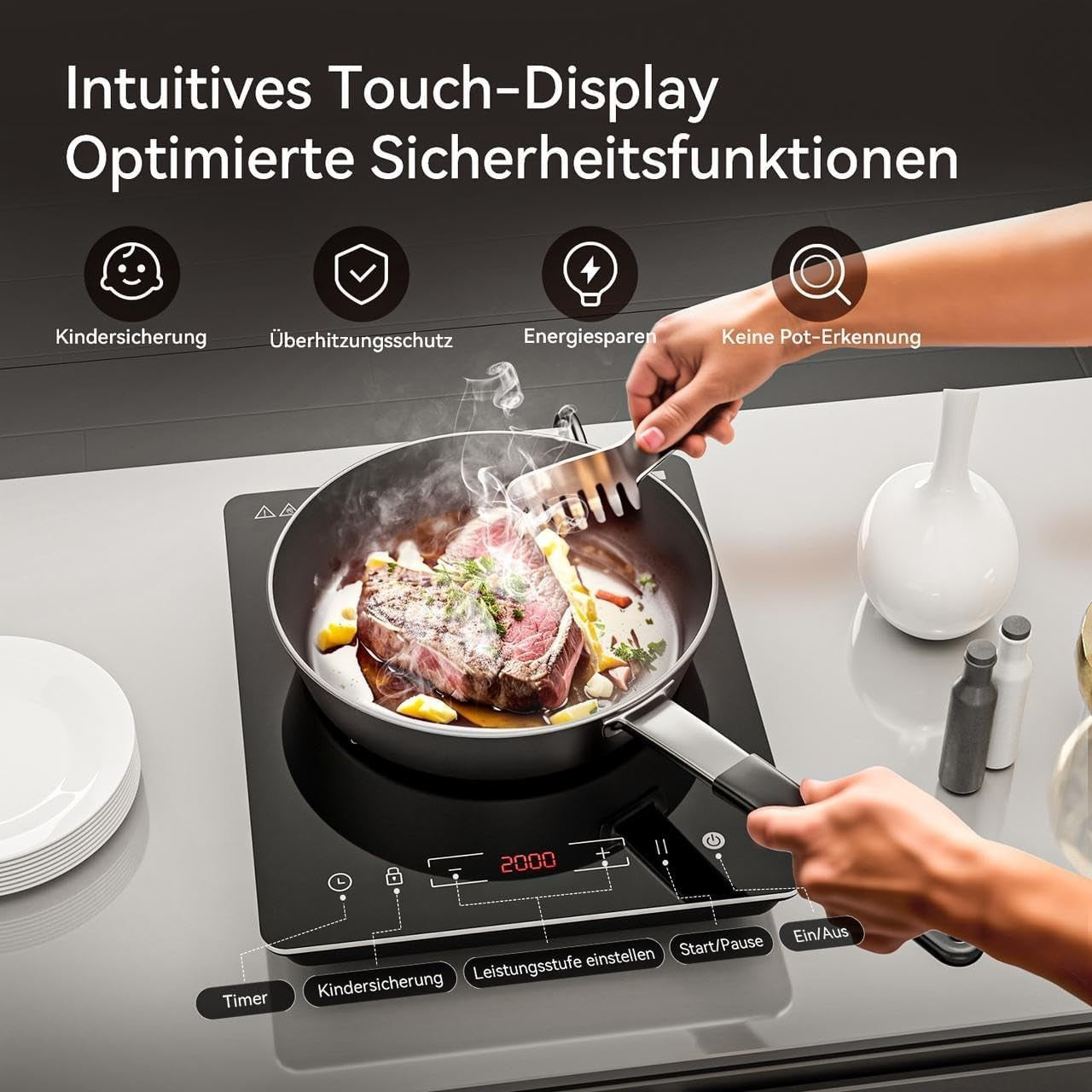 2000W Portable Induction Cooktop, 9 Power Levels, 8H Timer, Touch Control