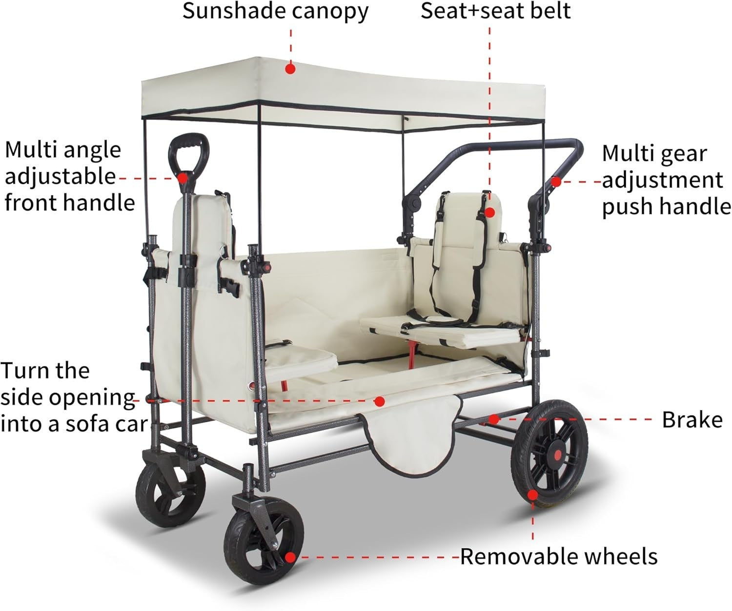 Side-Opening Folding Wagon 120kg Load w/ 2 Seats Canopy Big Wheels Brake Beige
