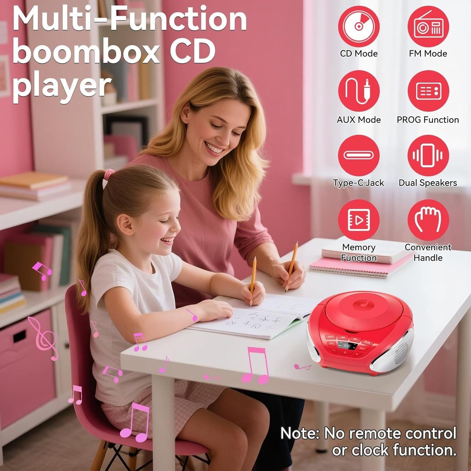 Portable CD Player Boombox Speakers FM Radio AUX Headphone Jack Red
