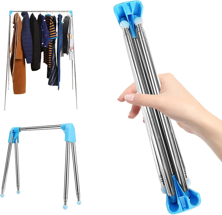 Portable Travel Clothes Rack Retractable Foldable Blue Stainless