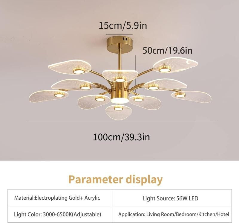 Gold LED Chandelier 10-Light Dimmable Pendant for Living Room