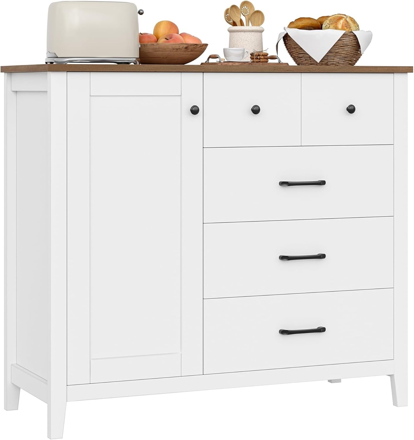 Modern Kitchen Sideboard with Adjustable Shelf & 5 Drawers White Brown