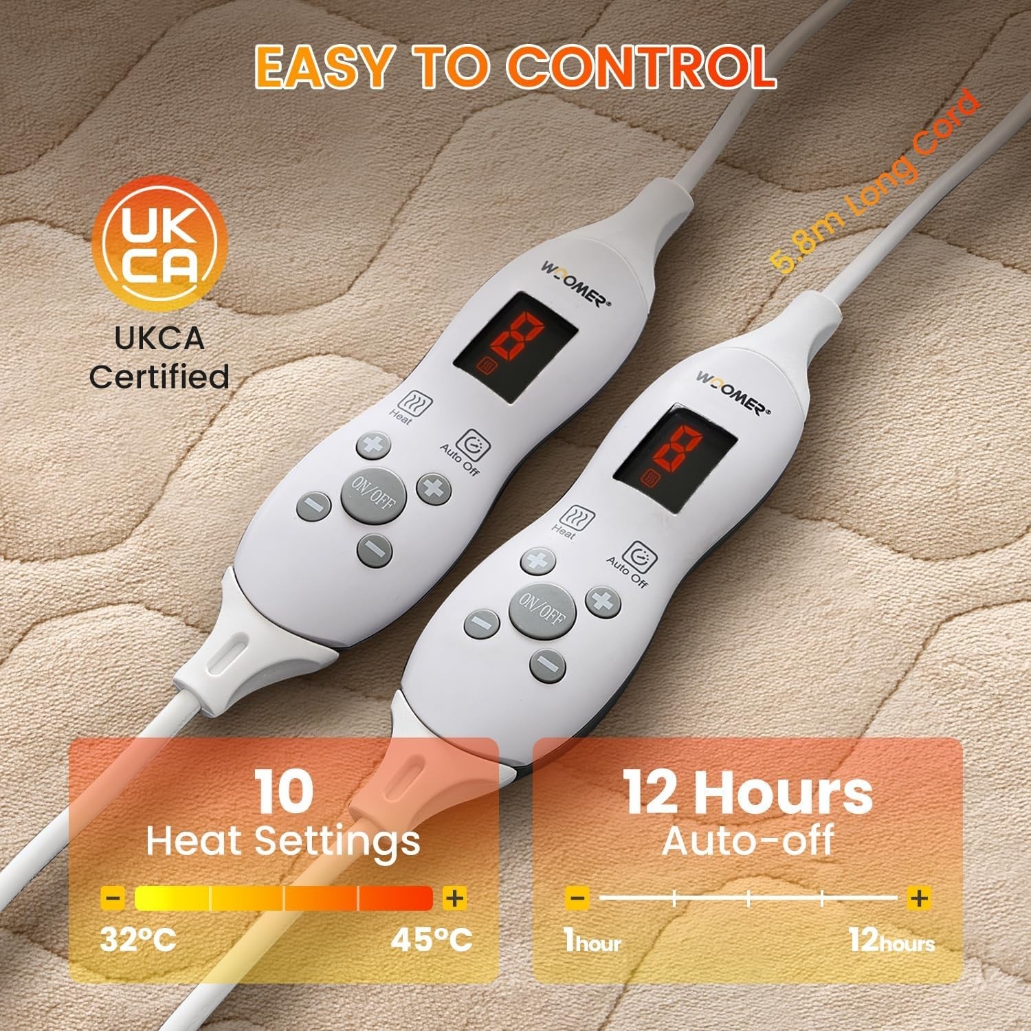 Electric Heated Underblanket Double 135x190cm Dual Control 10 Heat Light Brown