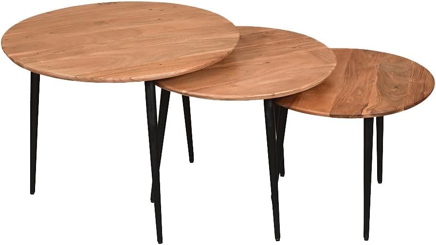 3-Tier Nesting Coffee Table Set Acacia Wood Metal Frame Round Natural Finish