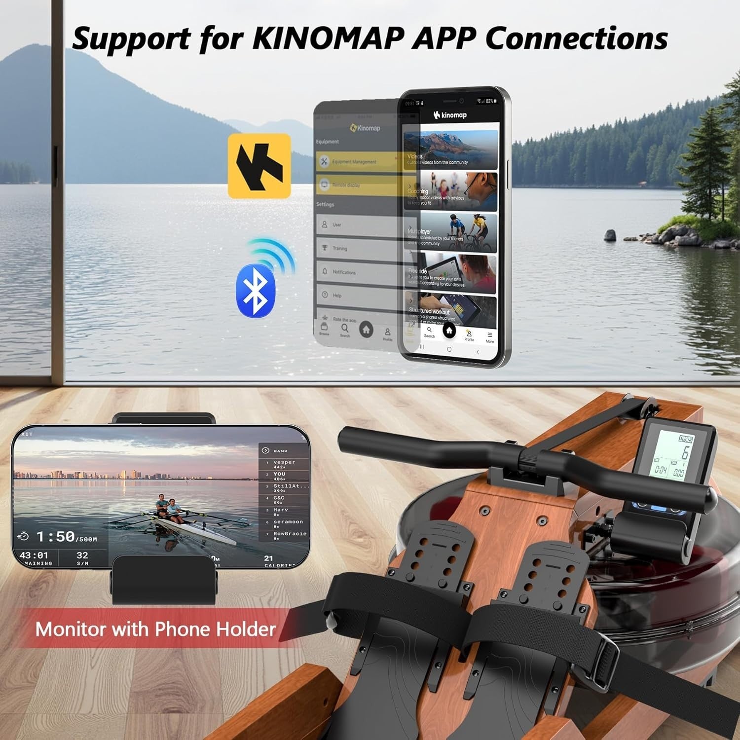 Foldable Wooden Water Rowing Machine LCD Quiet 6-Level Resistance App Home Gym