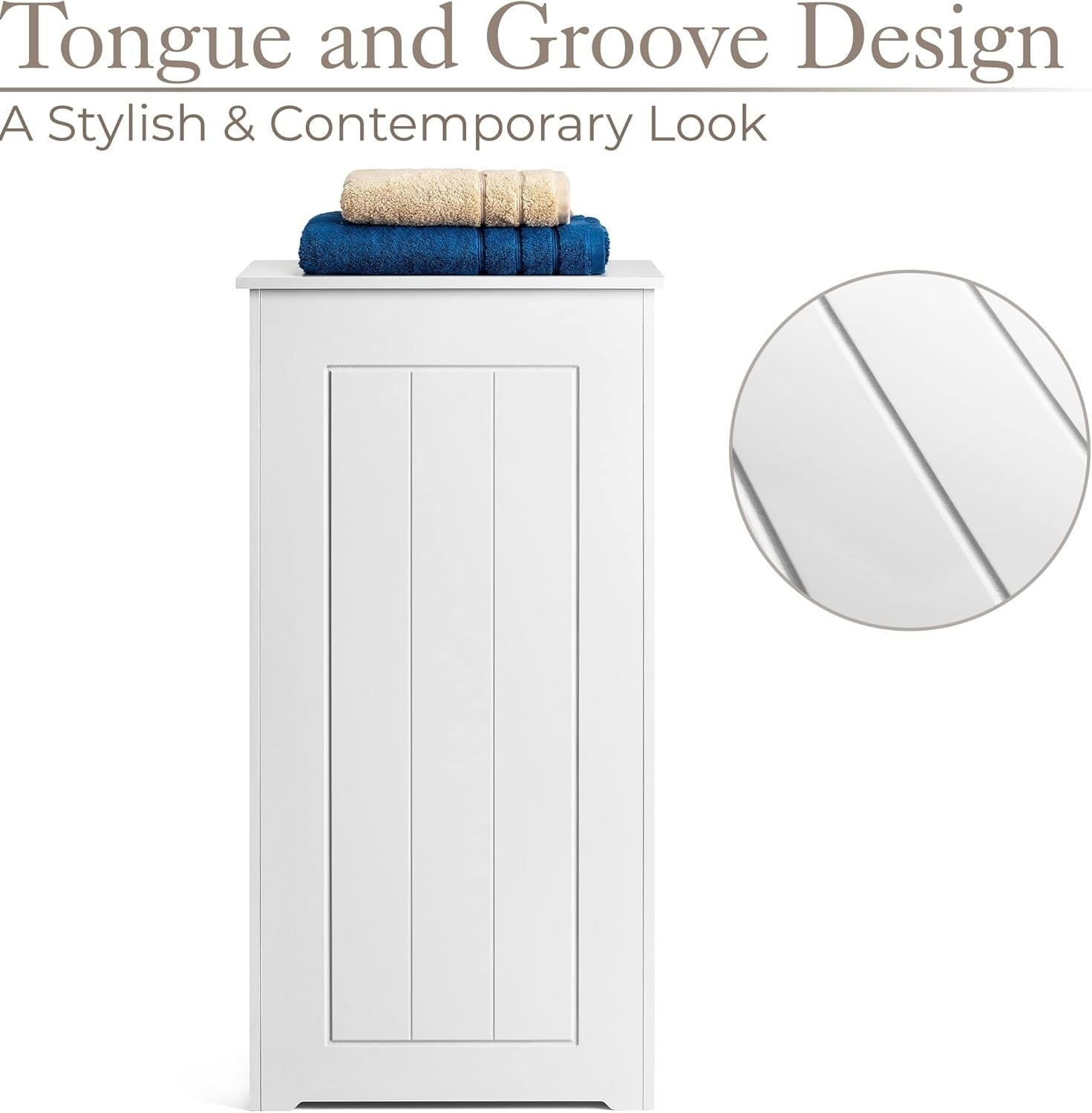 Slim Bathroom Laundry Cabinet Storage Box with Linen Hamper White Wood
