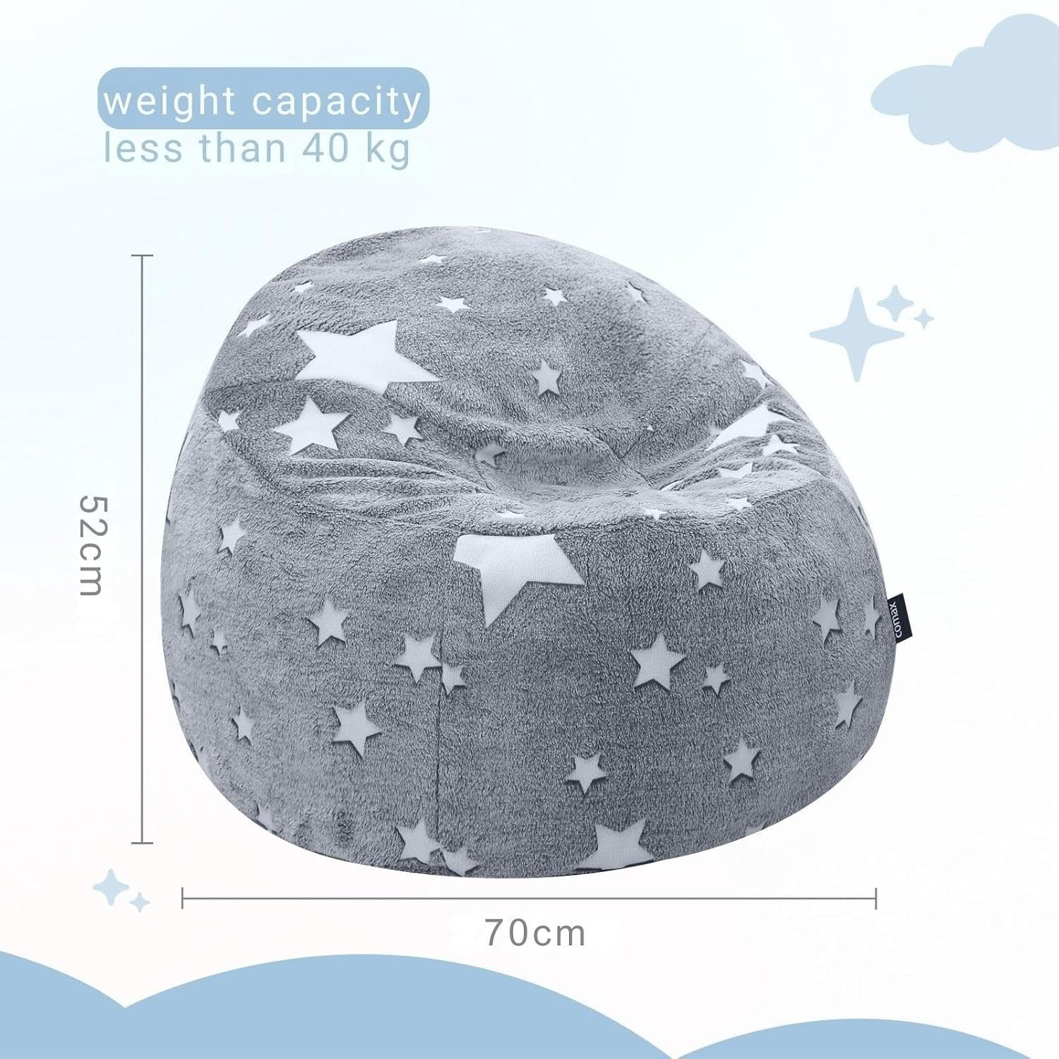 Kids Bean Bag Chair - Glow in the Dark, Soft, Comfortable, 70x70x52cm