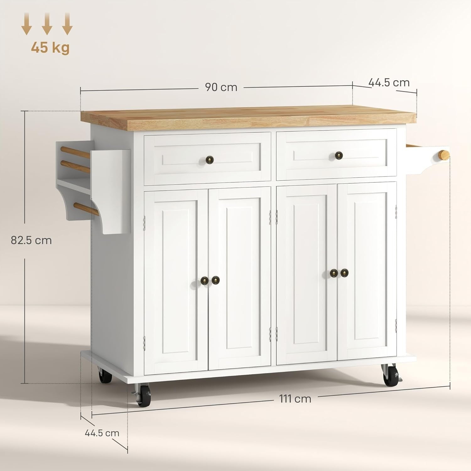 Rolling Kitchen Island Trolley with Drawers, Shelves & Rubber Wood Top 111x44cm