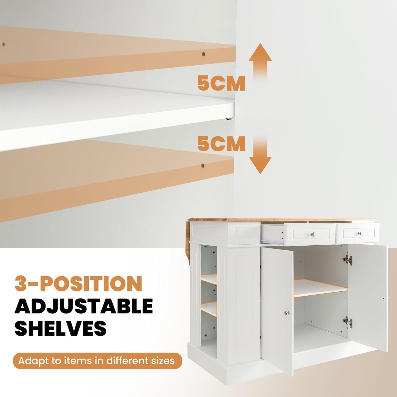 Extendable Kitchen Island Cart with Adjustable Shelves, Drawers & Side Racks.