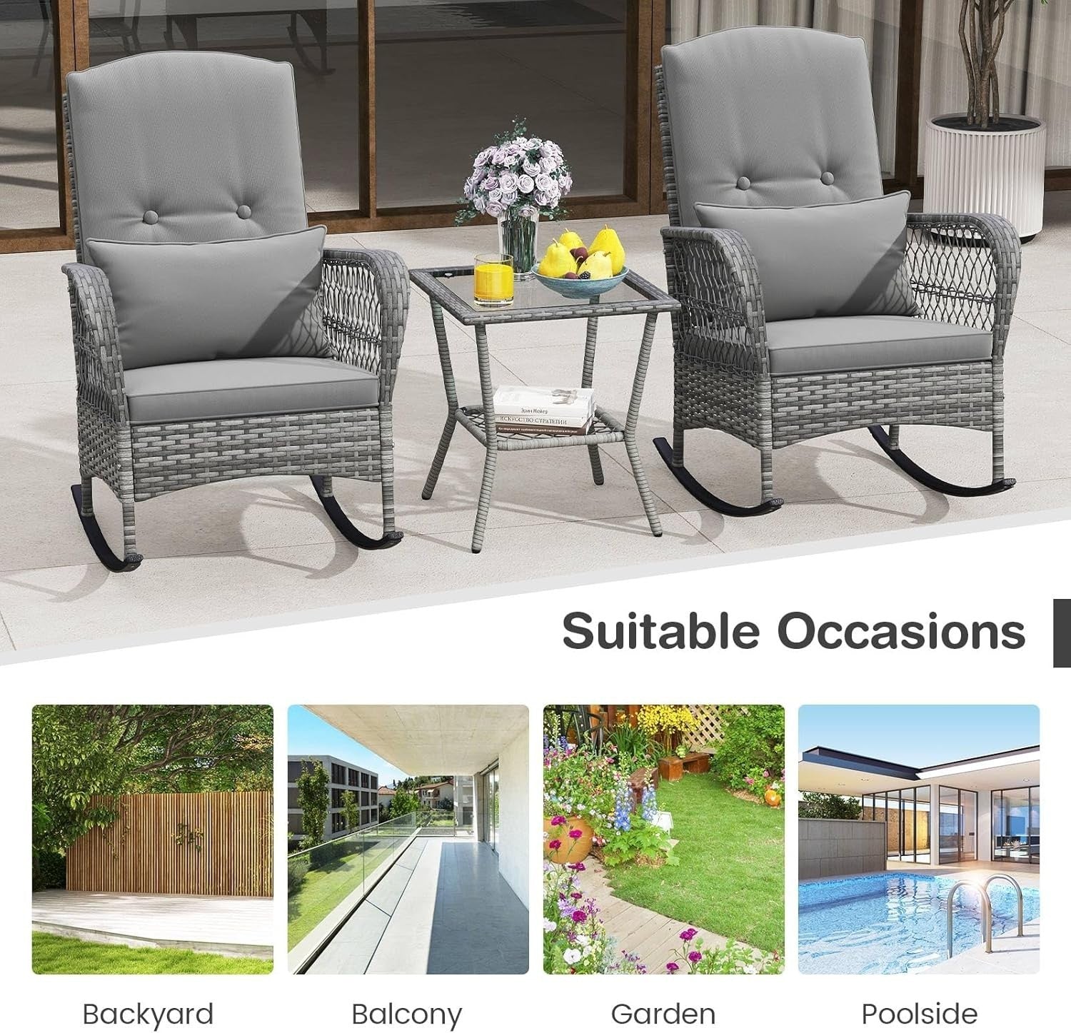 3 Piece Grey Rattan Bistro Set Rocking Chairs with Glass Table Outdoor