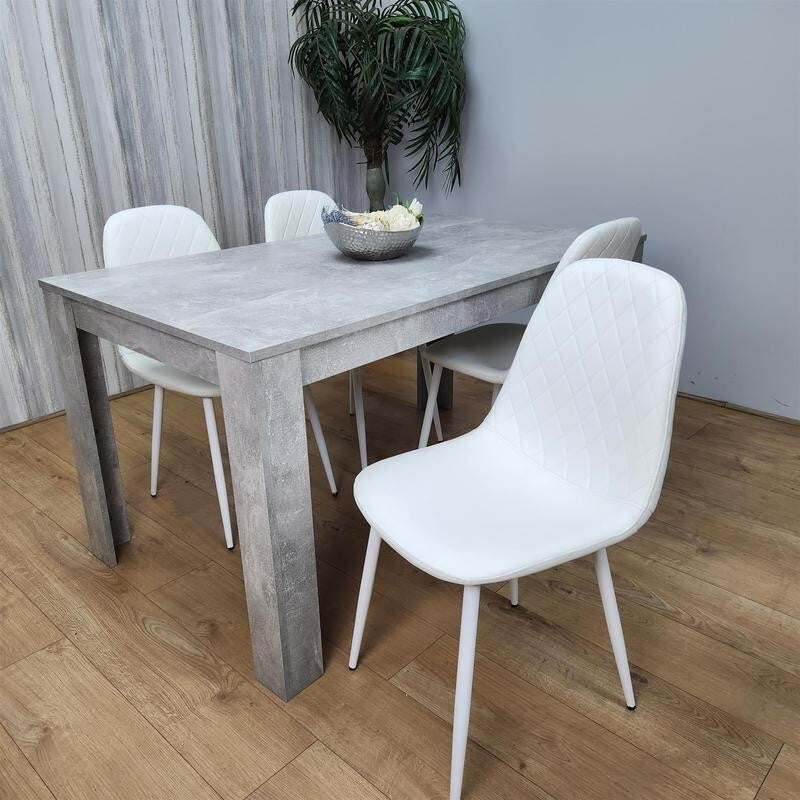 Modern Grey Dining Table Set 4 White Faux Leather Chairs for Kitchen Room