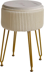 Velvet Round Storage Footrest Stool with Gold Legs – Creamy White Ottoman