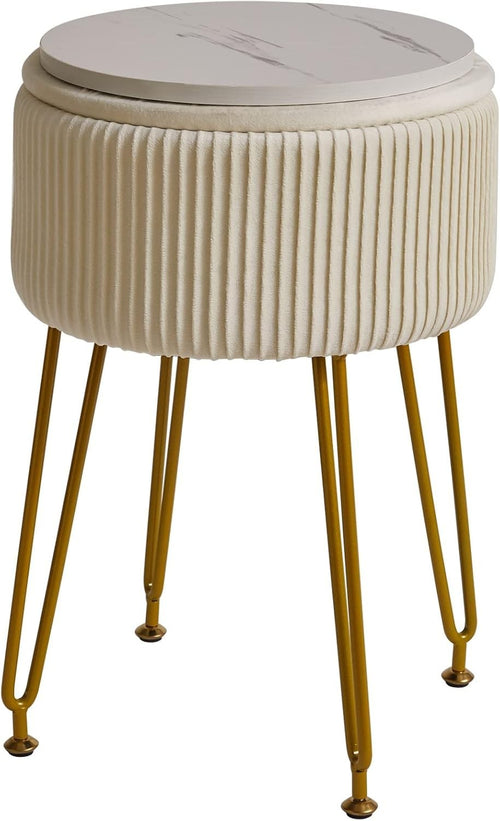 Velvet Round Storage Footrest Stool with Gold Legs – Creamy White Ottoman