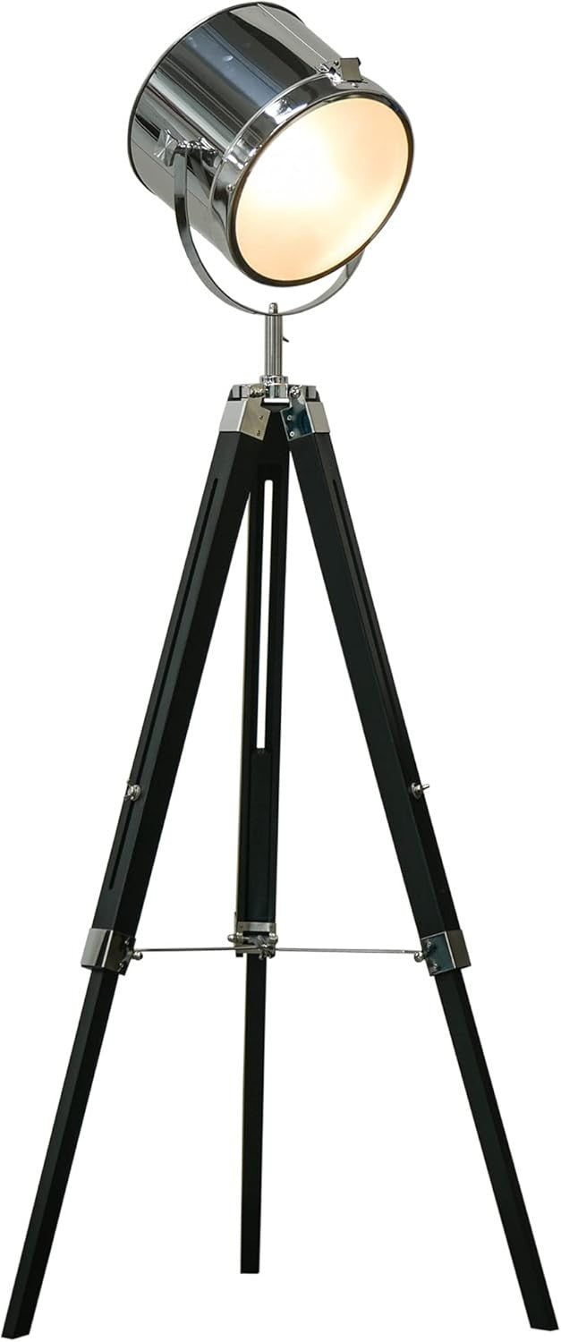 Adjustable Tripod Floor Lamp Industrial Style Searchlight with Wooden Legs