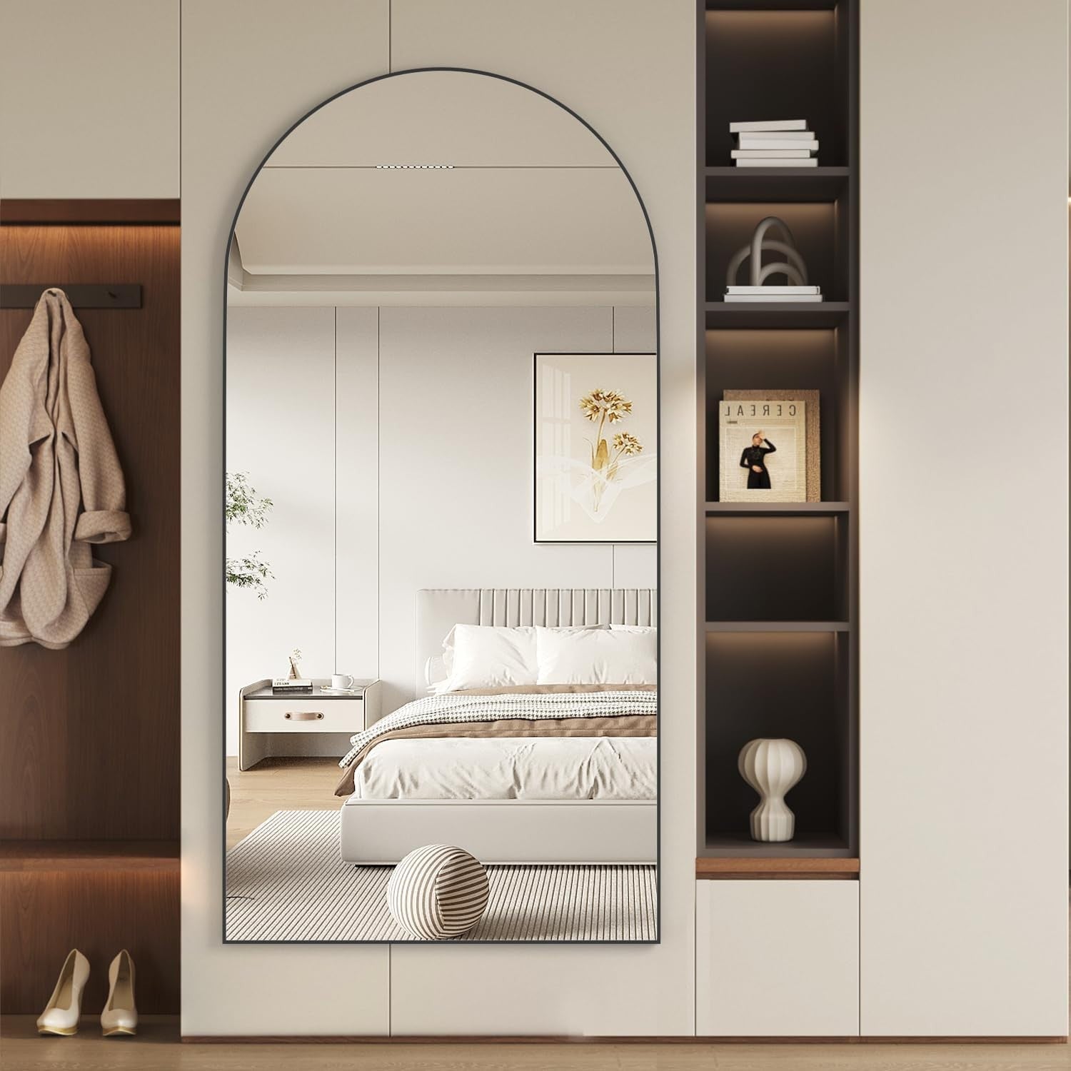 Full Length Arched Mirror 180x80cm Black Frame Leaning Wall Floor Mirror