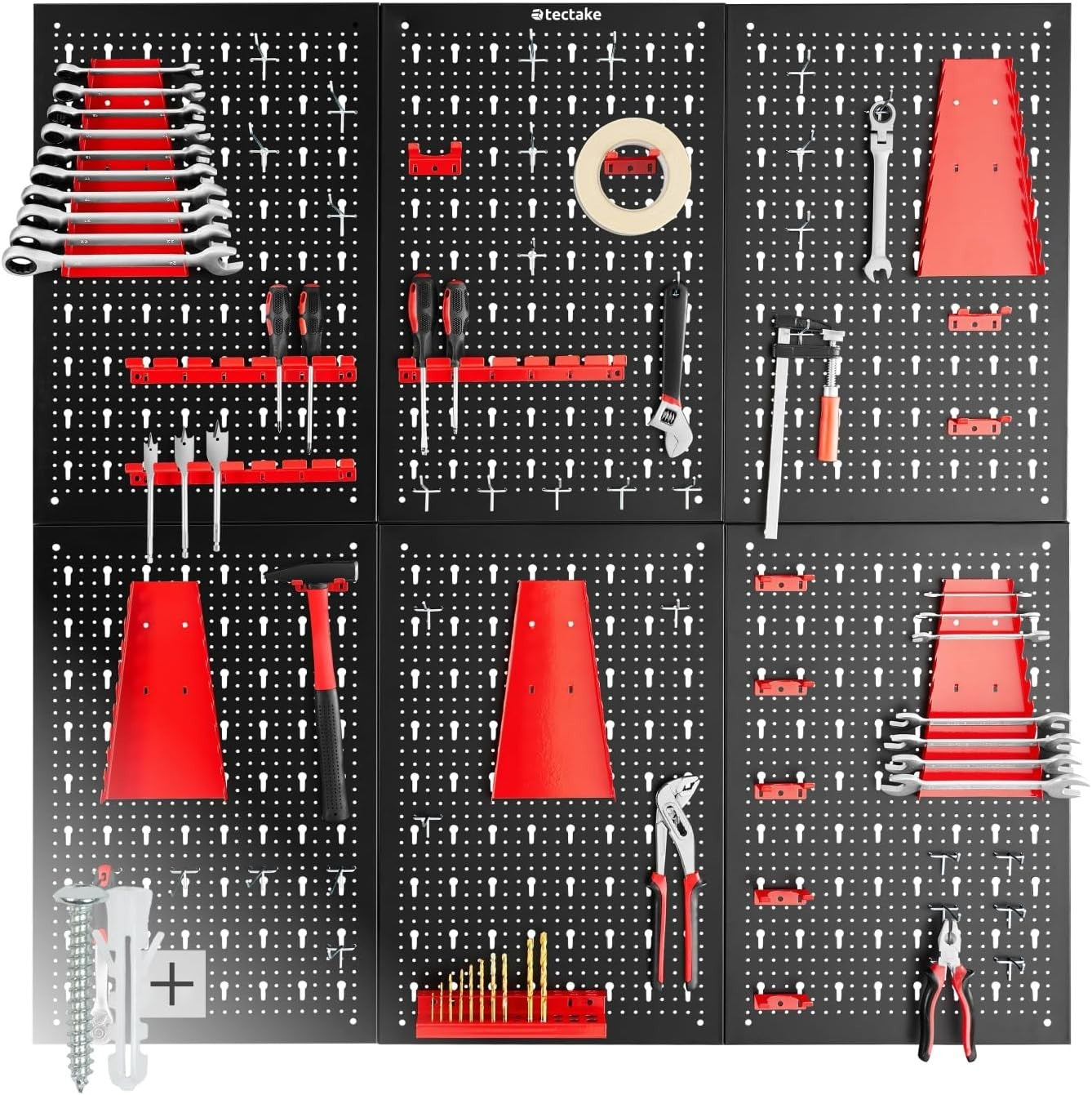 Wall-Mount Pegboard Kit 6PCS Alloy Steel Black/Red w/ Hooks & Holders 120x60cm