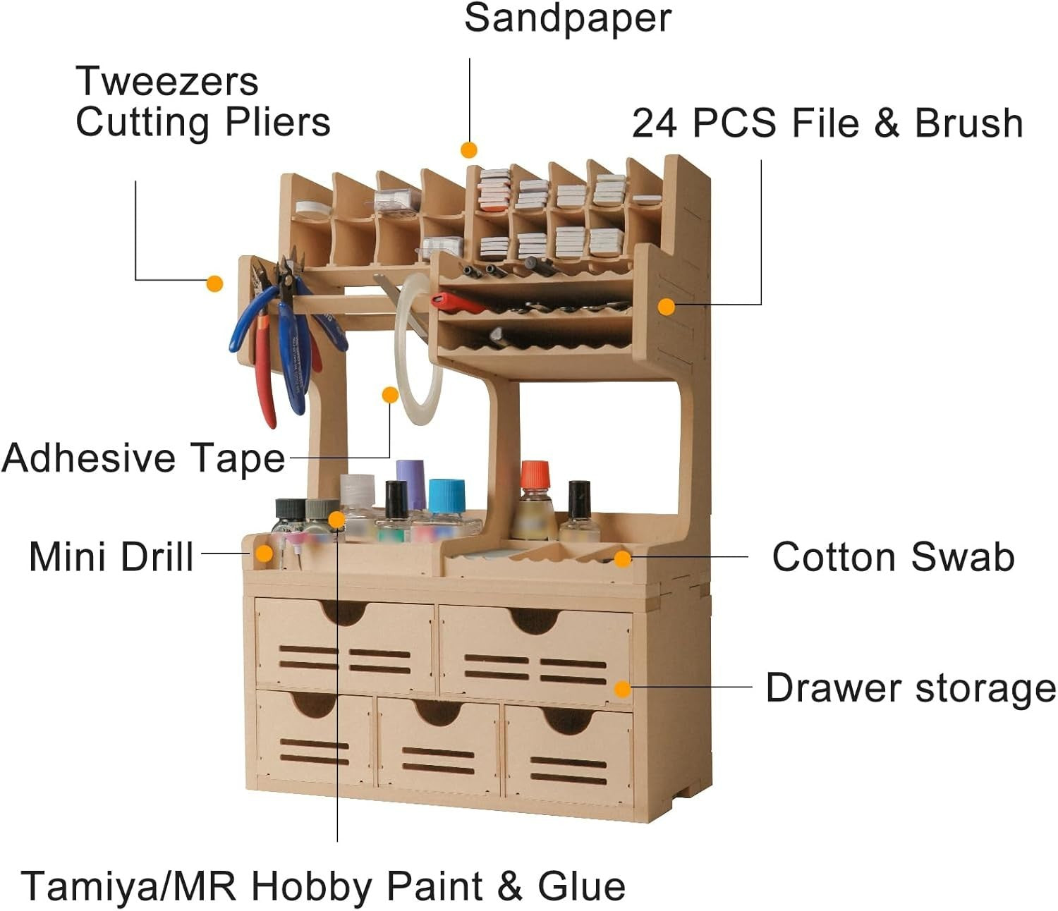 Adjustable Tabletop Paint Tool Rack 5-Compartment MDF 35.5D x 35.5W x 35.5H cm