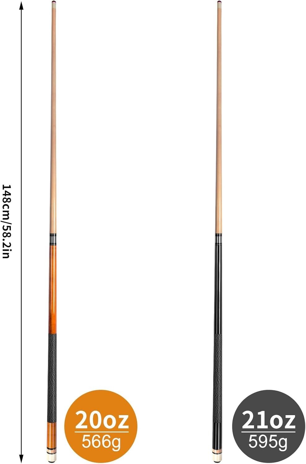 58in Pool Cue Set 2 Sticks 13mm Tip Canadian Maple 20–21oz Linen