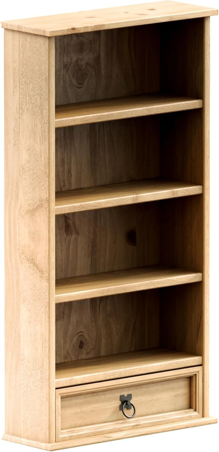 Solid Pine Wood Bookcase with Drawer Rustic CD DVD Storage Shelf Corona