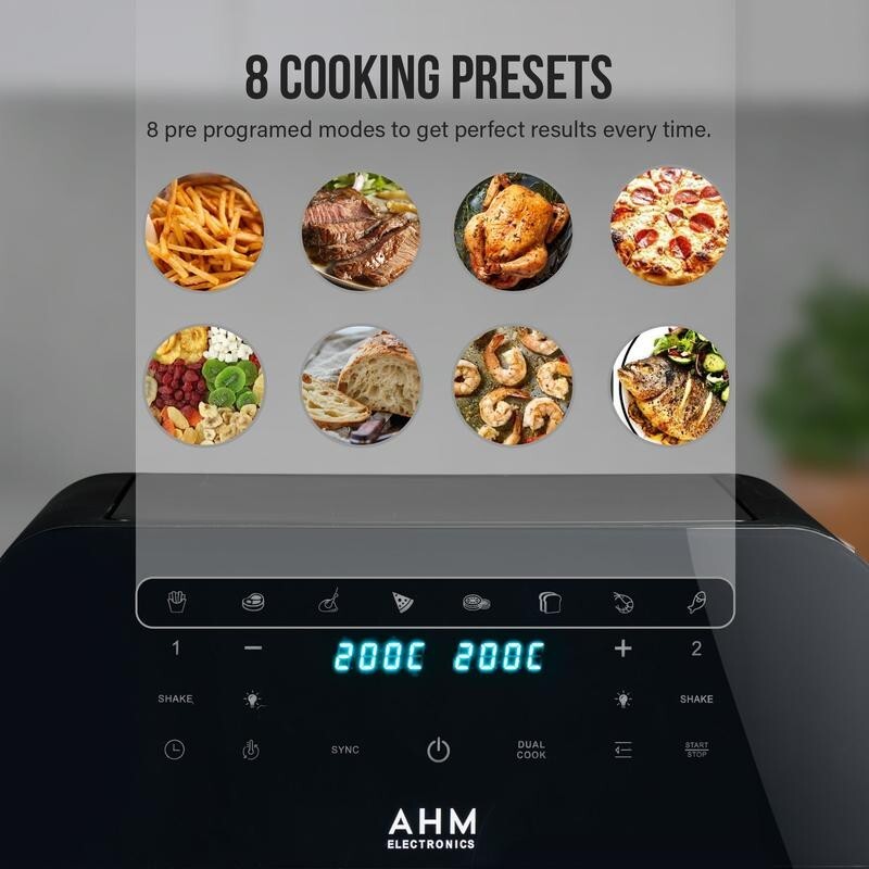 9L Dual Basket Air Fryer Smart Touch 8 Presets Window Sync Cook 200°C Black