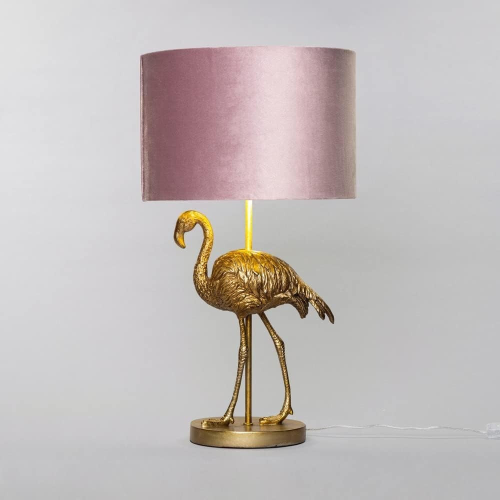 Brass Flamingo Table Lamp with Pink Drum Shade | Stylish 56cm Desk Light