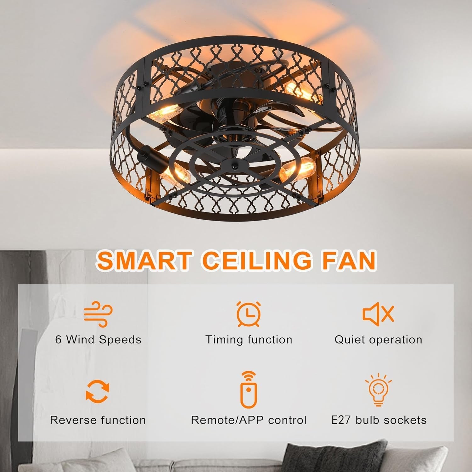 50cm Industrial Ceiling Fan Light, Black Caged, 6 Speed, 4 Lights, Remote