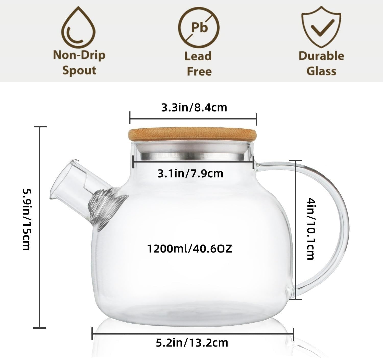 1200ml Glass Teapot with Infuser Stovetop Safe Loose Leaf Tea Pot