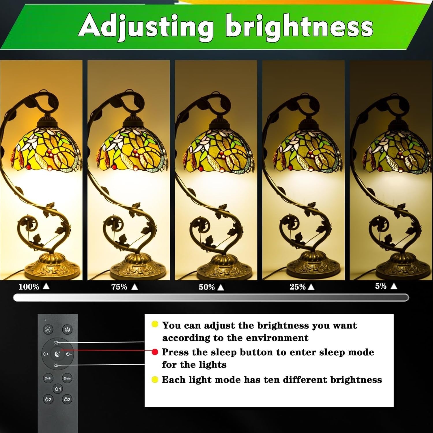 Stained Glass Table Lamp LED Remote Dimmable 3 Color Modes for Living Room
