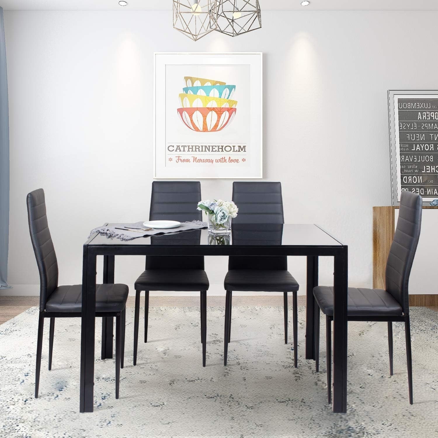 Modern Black Glass 120x70cm Dining Table Set with 4 Upholstered Chairs