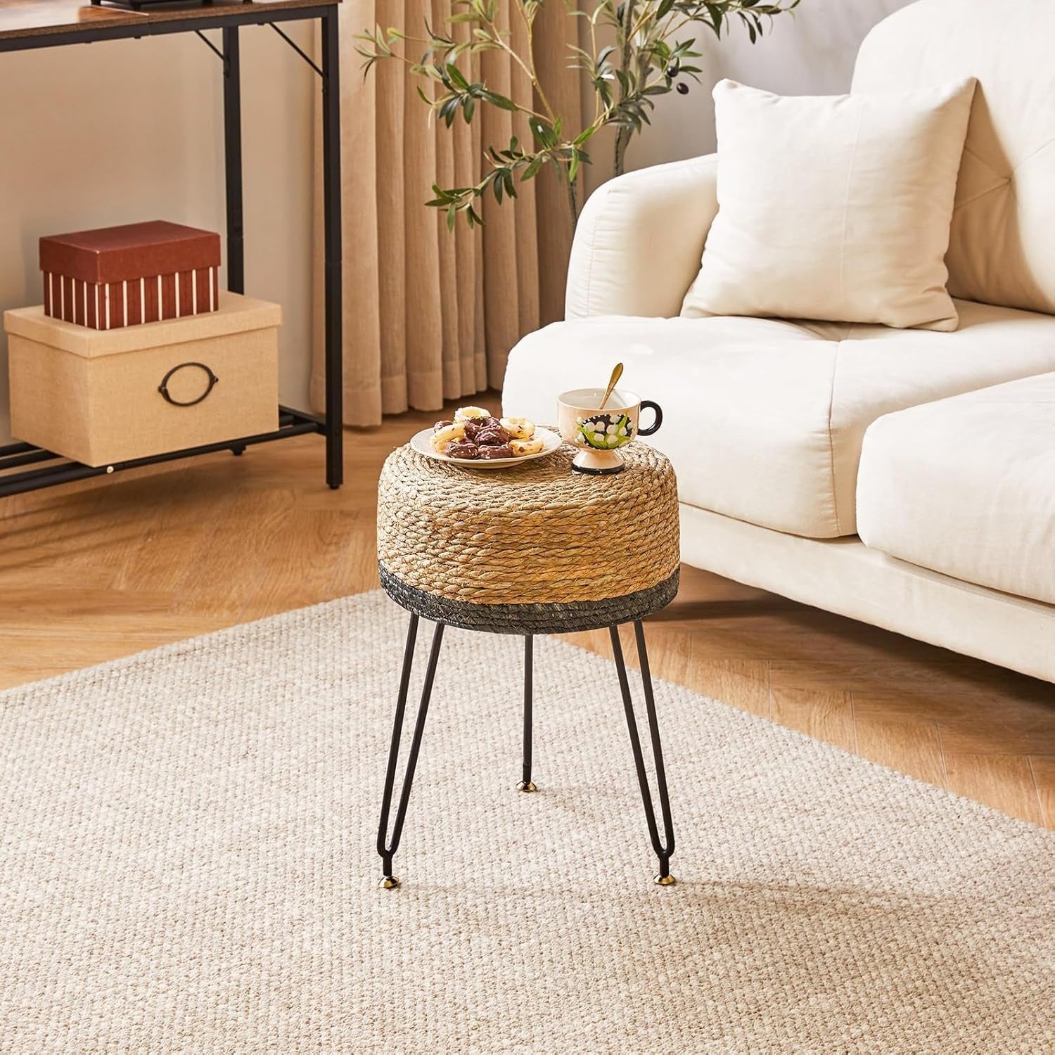 Black Seagrass Woven Footstool Pastoral Round Stool Metal Legs 32×32×45cm