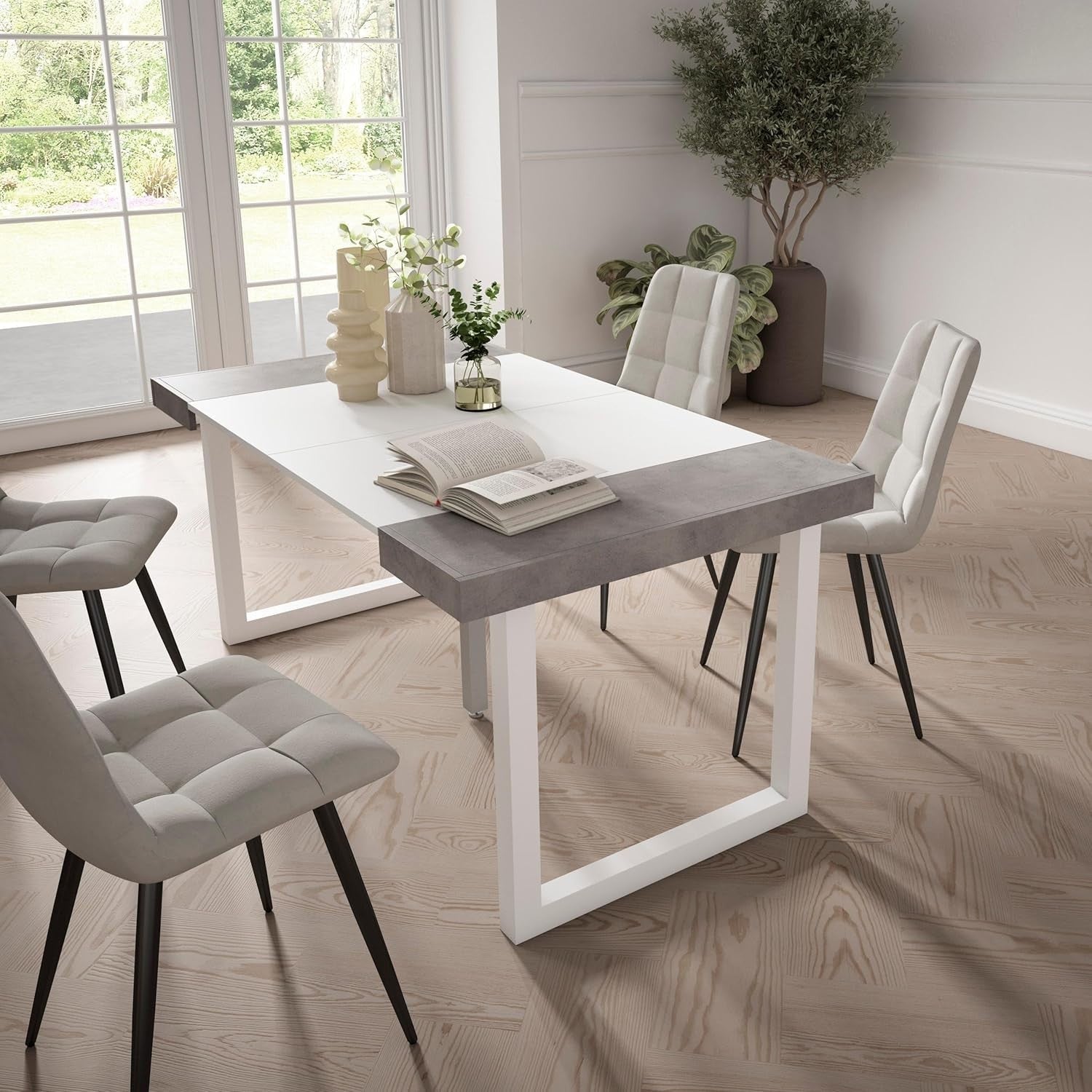 Extendable Folding Dining Table for 8, Matte White & Concrete, Solid Legs
