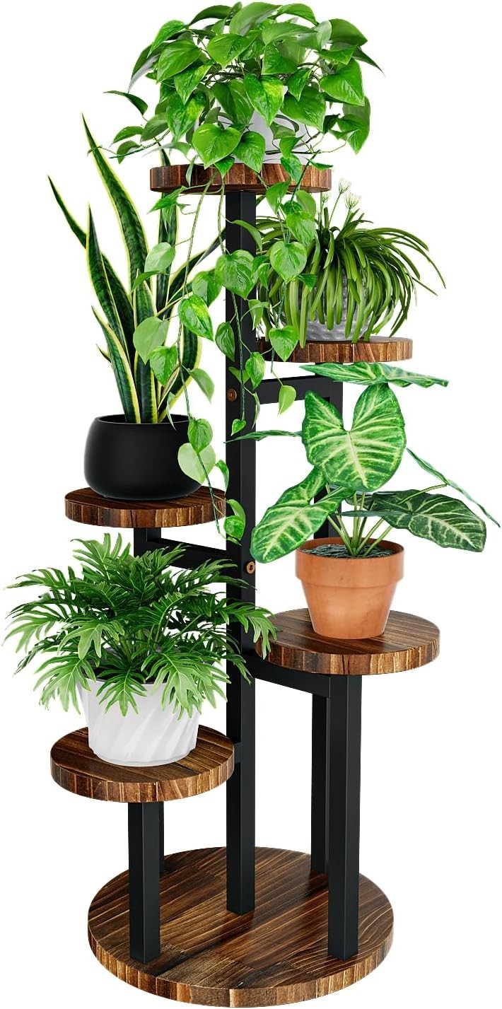 5-Tier Metal Wood Plant Stand, Corner Shelf for Indoor Outdoor Garden Decor