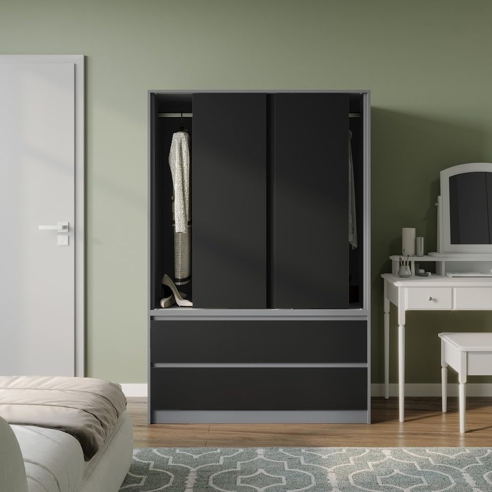 Black Sliding Door Wardrobe with 4 Drawers & Hanging Rail – Space Saver