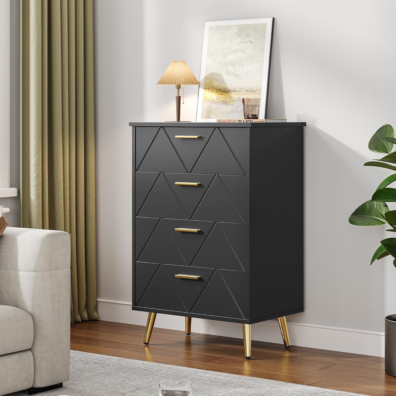 Black 4 Drawer Chest Bedroom Storage Cabinet Modern Wooden Organizer