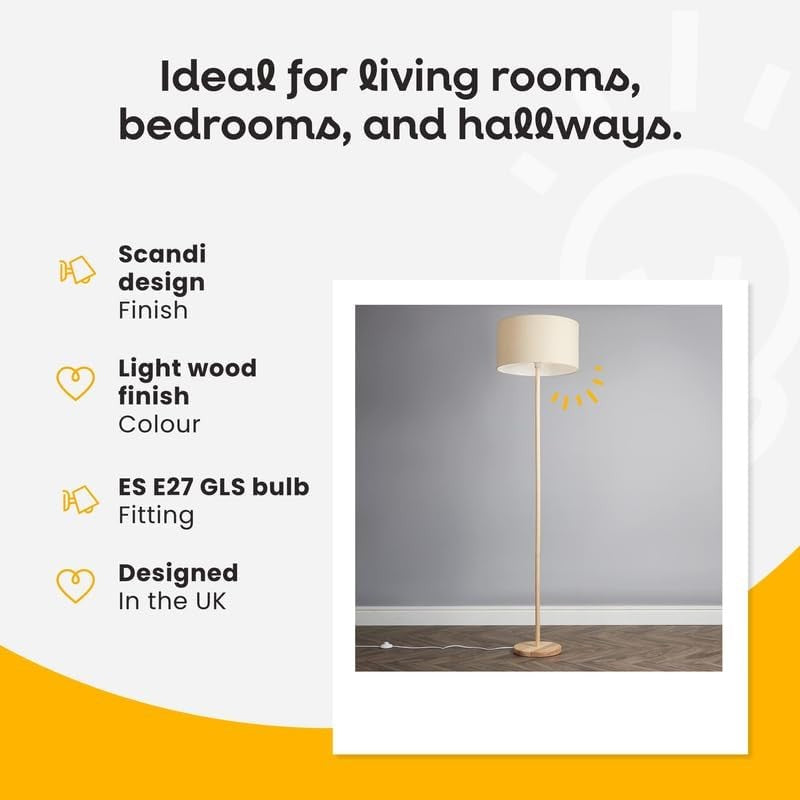 Scandi Wooden Floor Lamp Light Wood Stand Cool Grey Drum Shade Modern