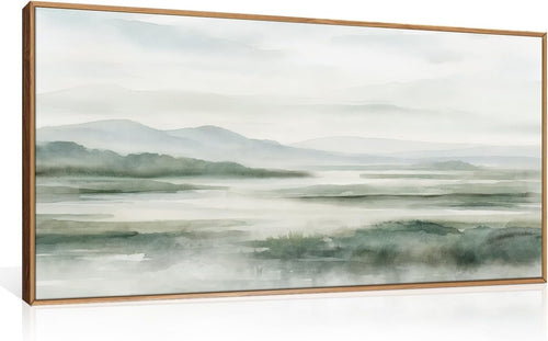 Large Green Mountain Canvas Wall Art Watercolor Landscape Framed 20x40