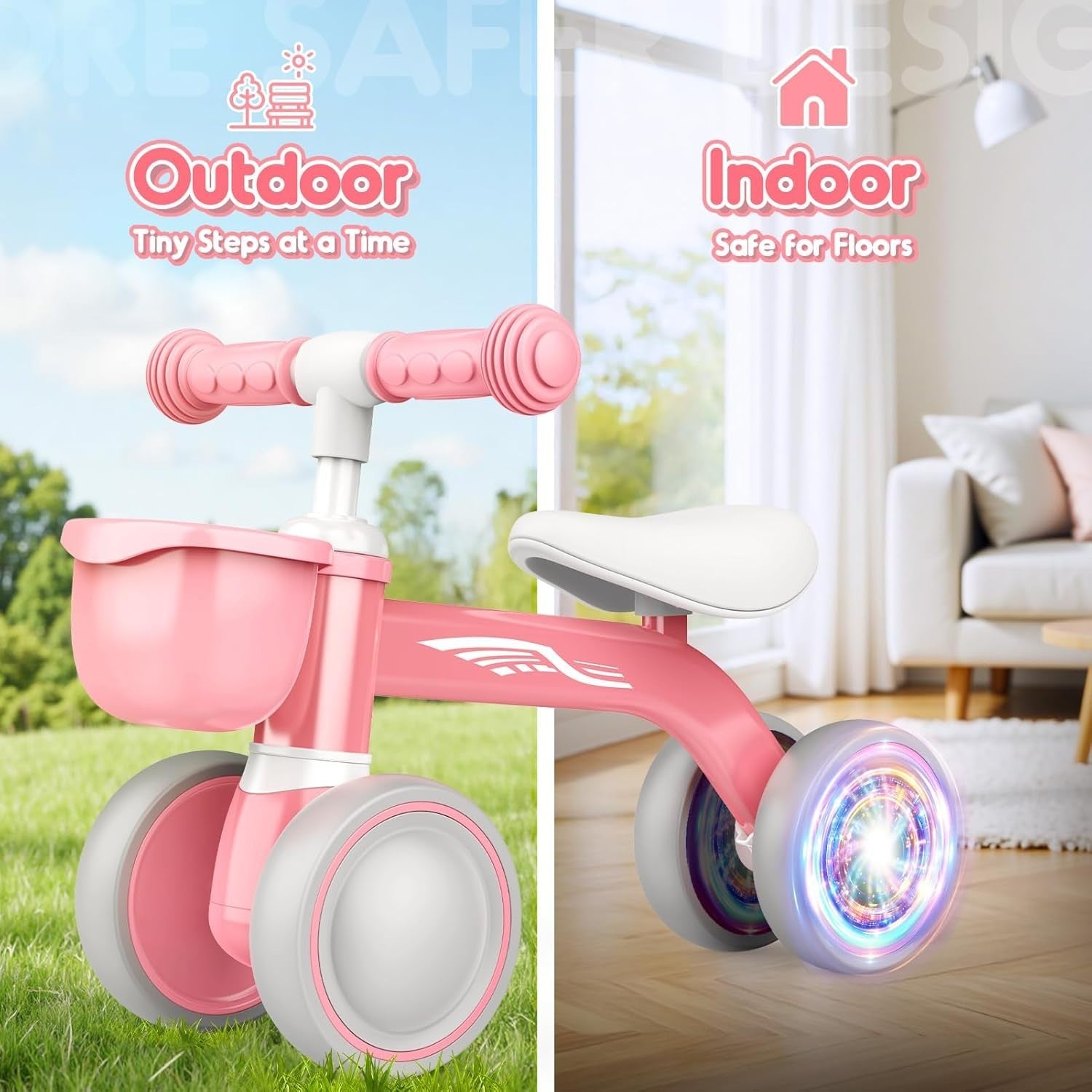 Baby Balance Bike LED Wheels Toddler Ride On Walker Basket Pink 1-3 Years