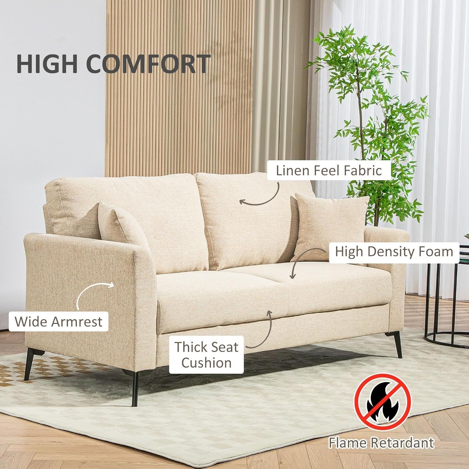 Modern 3 Seater Sofa Bed Beige Linen Storage Metal Legs Compact Lounge