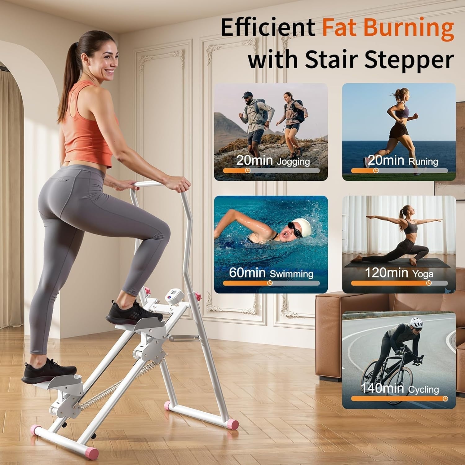 Pink Foldable Stair Climber w/ LCD Monitor, 3 Resistance Levels & Adjustable