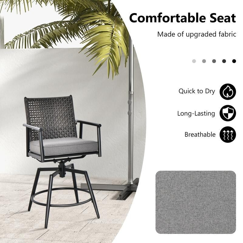2x Outdoor Swivel Bar Stools with Cushions Rattan Garden Chairs Patio Set