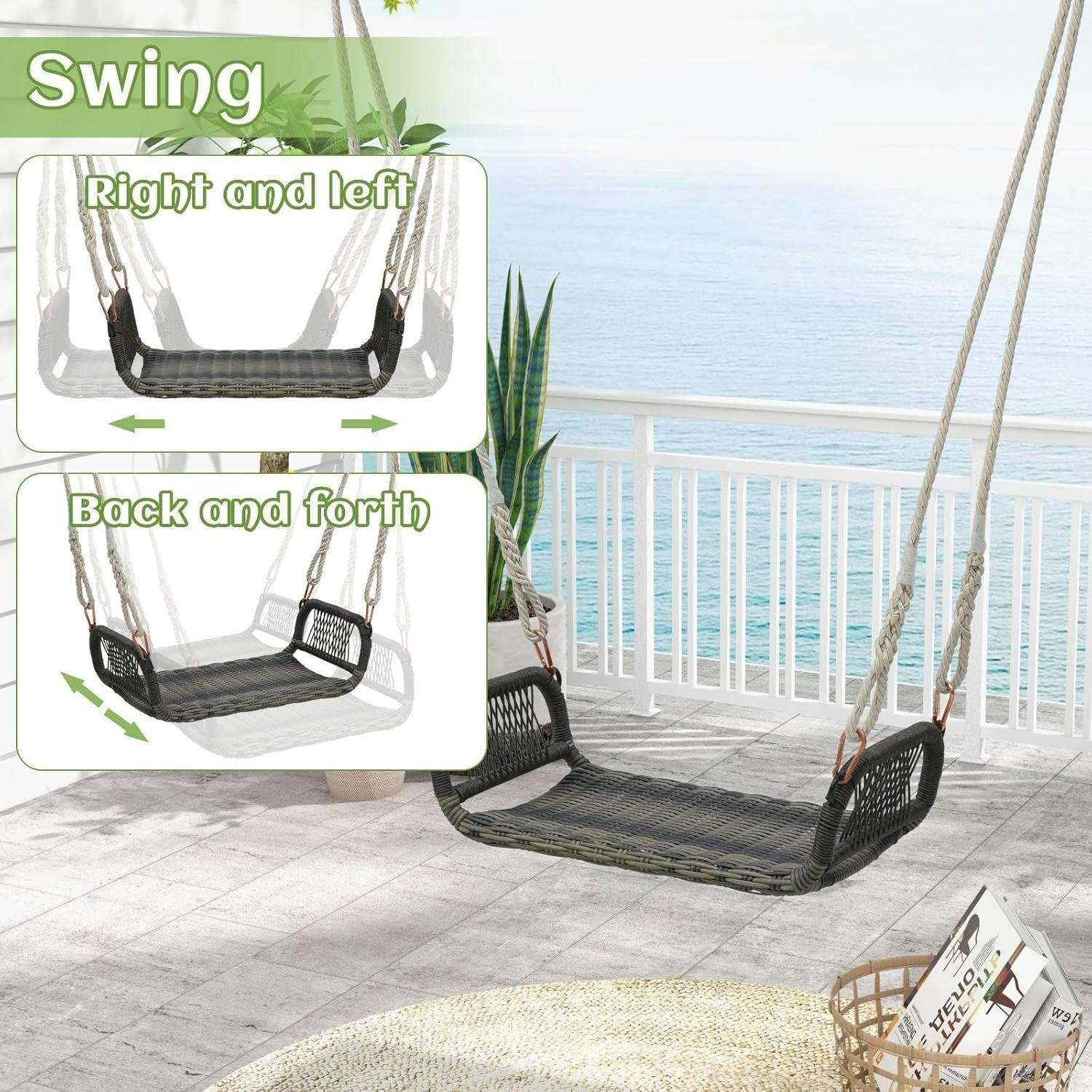 Outdoor Rattan Hanging Swing Chair Seat Patio Balcony Porch Rope Swing