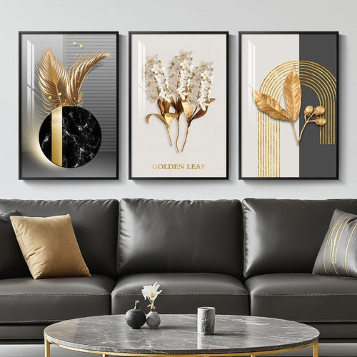 Large Black Gold Wall Art Set of 3 Framed 16x24 Modern