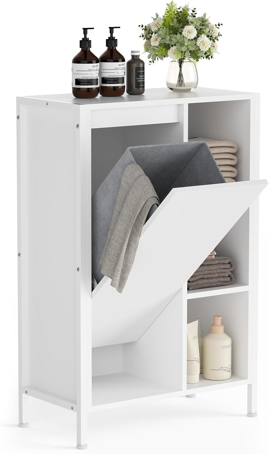 Bathroom Laundry Cabinet with Basket Storage Unit White Slim Space Saving