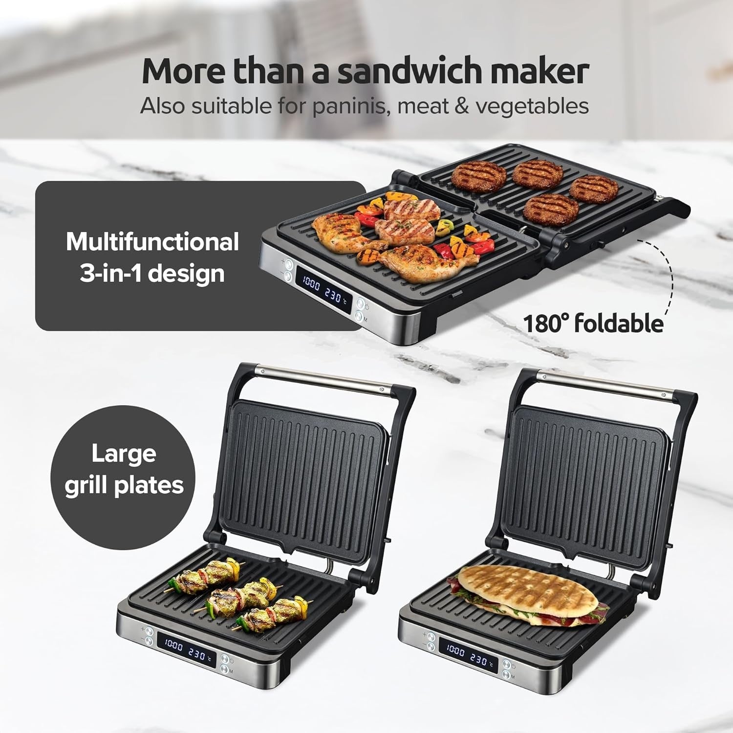 3-in-1 Panini Press Grill 1200W Digital 29x23cm Black