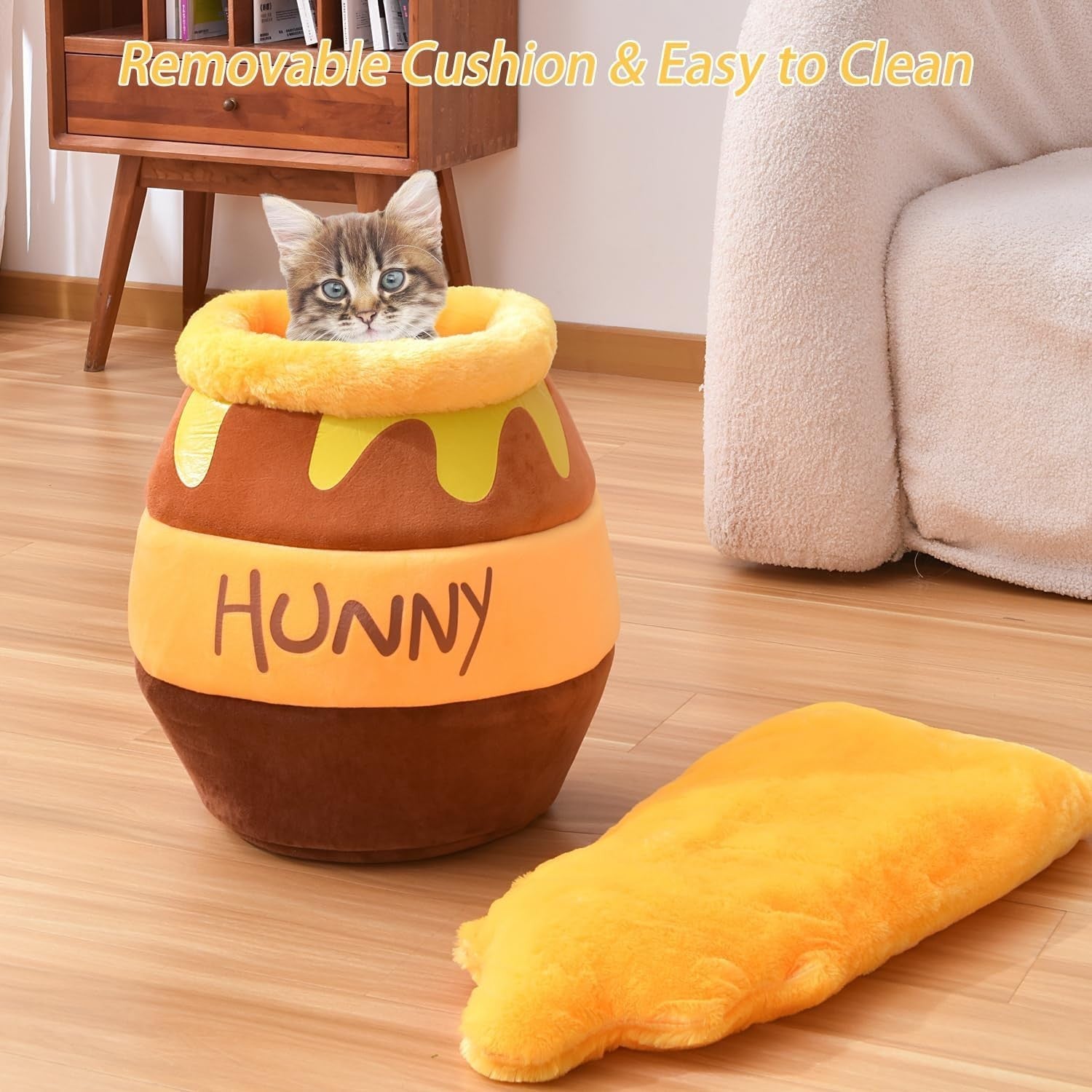 Honey Pot Cat Cave Bed Soft Plush Pet Nest w Washable Cushion